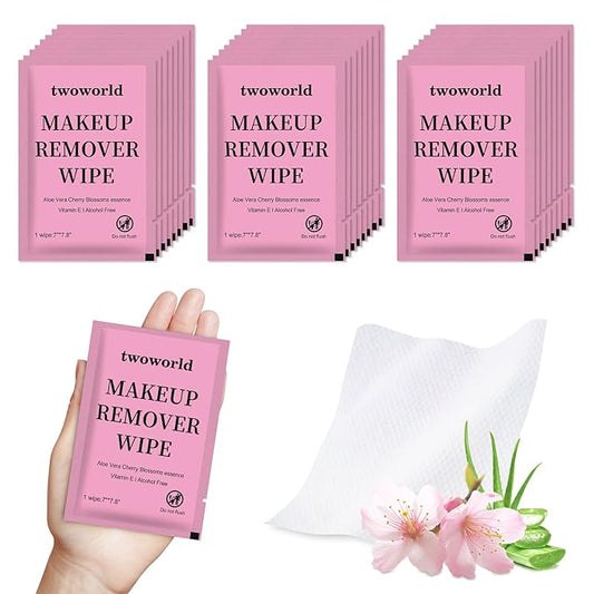Twoworld Makeup Remover Wipes Bulk Individually Wrapped,Travel Makeup Wipes Gentle for Face Cleansing Mascara Lipstick Travel Hotel(Aloe Vera & Cherry Blossoms,Pack of 100)