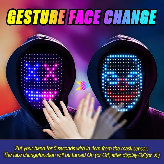 Ompusos LED Mask Light Up Mask with Gesture Sensing, Cool Costume Mask Teen Boys Gifts for Halloween Christmas Birthday