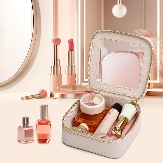 Pinkmik Small Makeup Bag Mini Clear Cosmetic Makeup Case & Toiletry Bag with Zipper Women's Purse Organizer & Car Essentials (Beige, MINI-1)