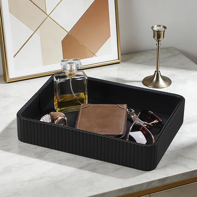 MEIBOOCH 2 Pack Nightstand Organizer Tray, Decorative Perfume Valet Tray Trinket Dish Catch All Purse Key Bowl, PU Leather Coffee Table Trays for Vanity Dresser Bedside Bathroom Countertop (Black)