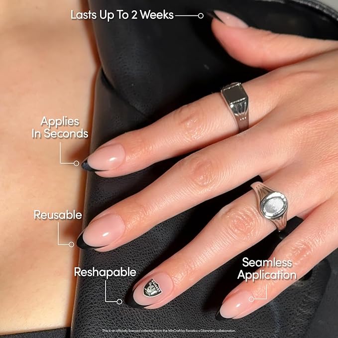 Glamnetic x Fanatics Press On Nails - Las Vegas Raiders | Short Almond Fake Nails, NFL Raiders Black French Tips, Football Nails, Salon-Quality | 15 Sizes - 30 Nail Kit with Glue