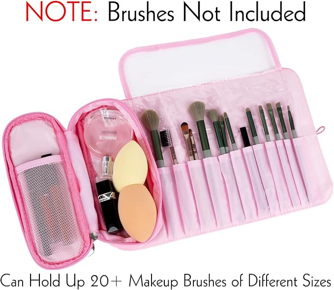 LUEXBOX Portable Folding Makeup Brush Bag, Multifunctional Cosmetics Rolling Storage Case Makeup Brush Holder for Travel, Makeup Brush Organizer Bag (Pink)