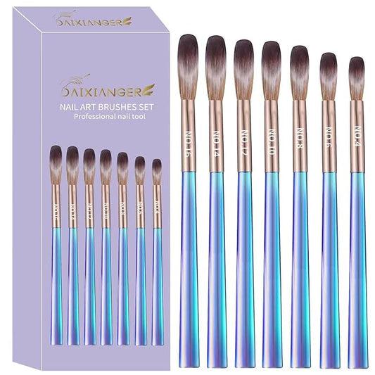 DAIXIANGER 7Pcs Acrylic Nail Art Brush Set -Size 4/6/8/10/12/14/16,Gradient Blue Handle Nail Brushes for Acrylic Application Powder & Nail Extension, 3D Nail Carving Tools for DIY Home Salon