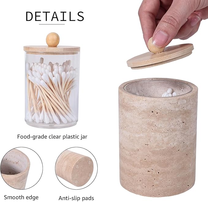 Travertine Marble Qtip Holder Dispenser with Bamboo Lid & Clear Plastic Inner Jar - Bathroom Vanity Organizer for Cotton Swab, Ball, Makeup Pads, Floss - Storage Container (Beige Travertine)