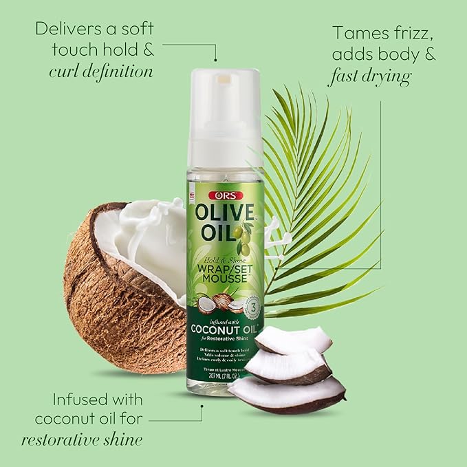 ORS Olive Oil Hold & Shine Wrap Set Mousse Infused with Coconut Oil for Restorative Shine 7 Ounce (Pack of 2)
