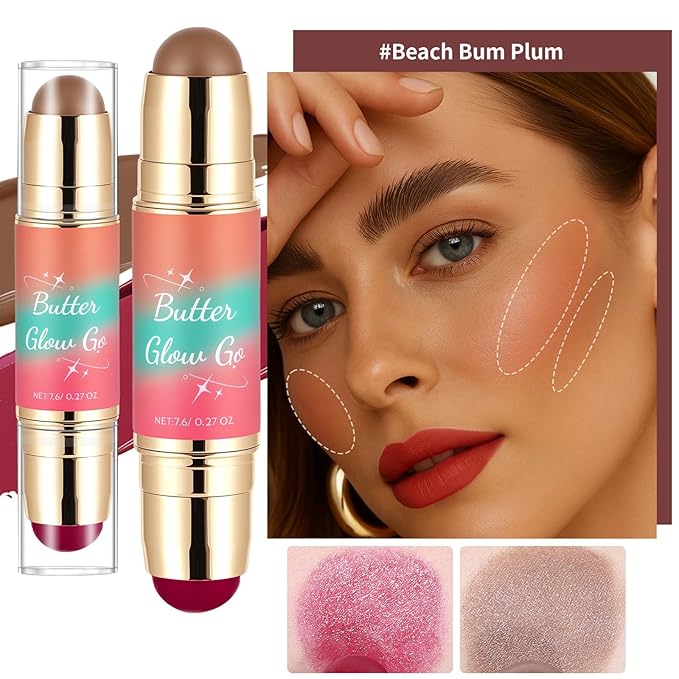 Dual-Ended Blush and Bronzer Stick – 2-in-1 Creamy Face Cheeks Contour Makeup, Smooth Hydrating Formula, Buildable Color for Natural Radiant Glow Beauty For Women (Beach Bum Plum)
