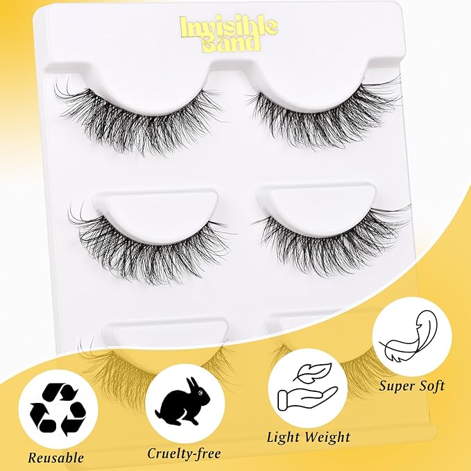 Invisible Band Wispy Lashes 13mm Short Eyelashes Natural Look Reusable 25 Times, D Curl Cat Eye Fake Strip Lashes With Clear Band, Small Lashes Pack Pestañas Postizas Naturales By Hiklasy