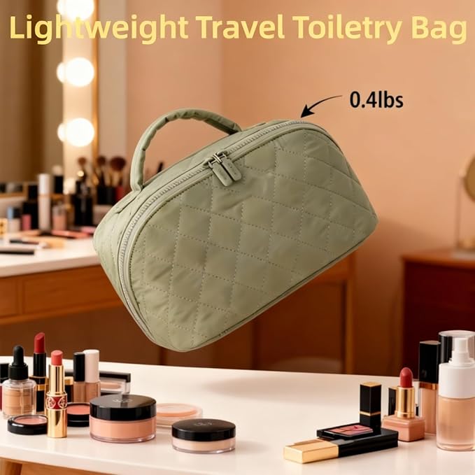 Illuminate Makeup Bag Organizer for Women Large Capacity Travel Toiletry Bag Wide Open Lay-Flat Cosmetic Bags Puffy Makeup Case with Compartments Waterproof Pouch for Toiletries & Brushes (Khaki)