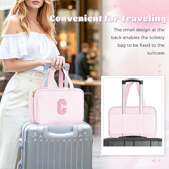 Preppy Toiletry Bag Makeup Bag for Women Her - Personalized Cute Makeup Pouch for Girlfriend Bridesmaid Wife Mom | Travel Toiletry Cosmetic Bag for Friend | Birthday Gift Idea - Pink C