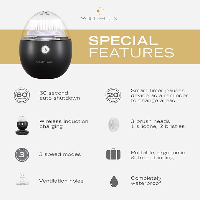 Pure Radiance, Vibrating Facial Cleansing Brush, Electric, 3 Modes, 3 Brush Heads (2 Bristle,1 Silicone), Waterproof, Rechargeable, Smart Timer, Exfoliating, Massage (Black)