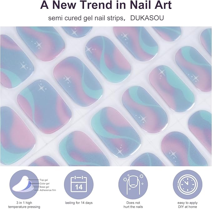 DUKASOU Semi Cured Gel Nail Strips, 56Pcs Nail Art Stickers/Wraps, Long Lasting UV Nail Polish Strips for Adults(Colorful+Purple Aurora)