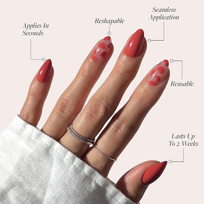 Glamnetic Press On Nails - Love Me | Glossy, Semi-Transparent, Short Almond Red Heart Nails, Salon Quality | 15 Sizes - 30 Nail Kit with Glue