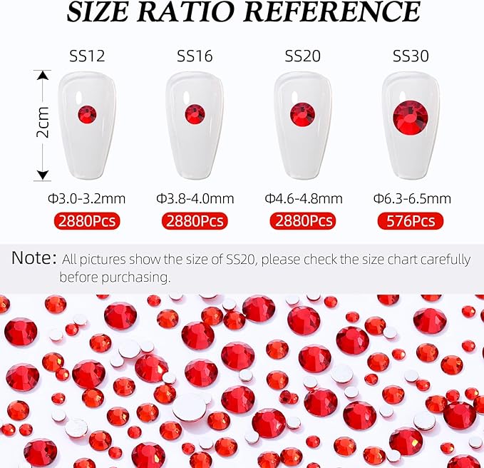 Meibite Red Flatback Rhinestones, Glass Rhinestones for Nail Art and Craft, Glue Fix, Loose Crystal Gemstones(Red, SS12, 2880pcs, 2.9-3.0mm)