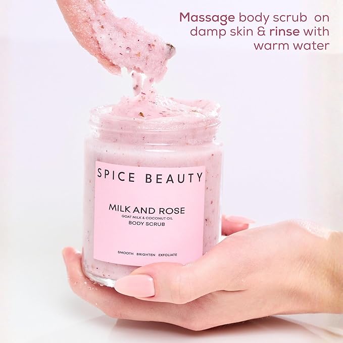 Milk and Rose Body Scrub | In-Shower Moisturizer with Hydrating Coconut Oil, Calming Roses, Shea Butter | Gentle Body Exfoliation Skincare | 9 Oz