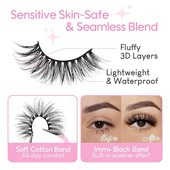 False Eyelashes 20 Pairs Long Lashes 14-18mm Wispy Lashes Faux Mink Lashes 14mm 3D Fluffy Cat Eye Lashes （style 20-066)