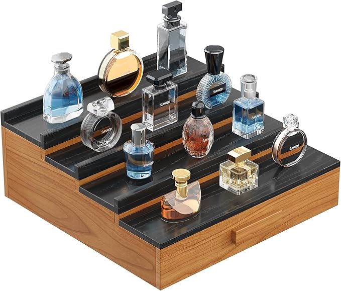 Solid Walnut Cologne Organizer for Men,4 Tier Cologne Stand Display Shelf with Hidden Storage and Drawer,Perfume Stand Organizer,Perfume Holder Great Gift for Men Father