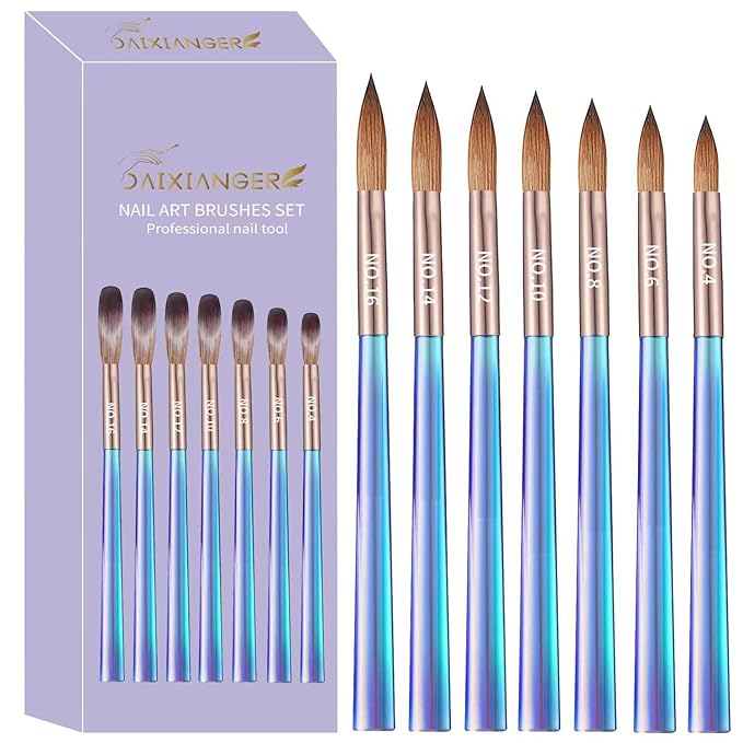 DAIXIANGER 7Pcs Acrylic Nail Art Brush Set -Size 4/6/8/10/12/14/16,Gradient Blue Handle Nail Brushes for Acrylic Application Powder & Nail Extension, 3D Nail Carving Tools for DIY Home Salon