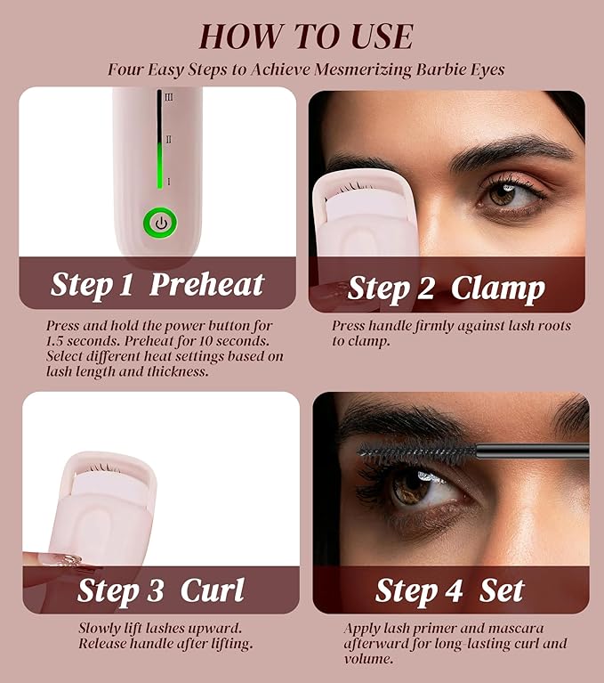 MZYMZYD Heated Eyelash Curler, Eyelash Curlers with 3 Temp Settings, 10S Quick Heat-Up, 24H Long-Lasting Natural Curl, Type-C Recharge, Mini Electric Eyelash Curler for Women - Pink