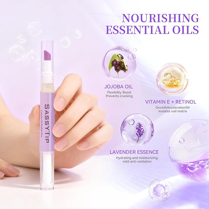 SASSYTIPCeramic Cuticle Pusher & Oil Pen, 2ml Lavender/Fragrance Free Scented Nail Care Pen, Gentle Cuticle Remover for Dry & Damaged Nails, Hangnails, Moisturize Strengthen Brighten (Purple&Beige)