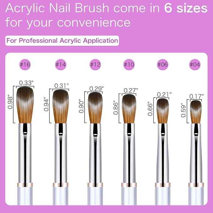 Shine Chance 6 Pcs Acrylic Nail Brushes Set, Kolinsky Nail Art Brushes, Art Design & Polish Mistake Cleaning Manicure Tools for Women - Acrylic Application (Size 4, 6, 10, 12, 14, 16)