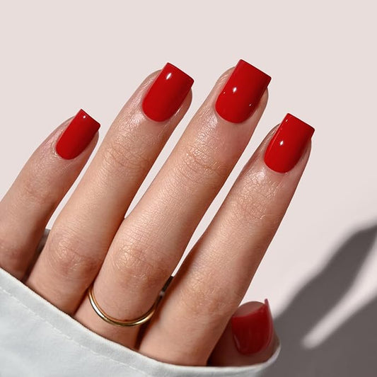 BTArtbox Press On Nails Short - Red Square Christmas Press On Nails with Glue for Women, Opaque Soft Gel Glue On Nails in 16 Sizes - 32 Stick On Nails Kit, Hot Lap