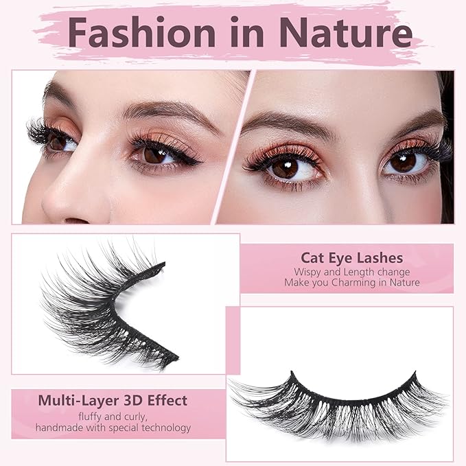 SONAFEEL Eye Lashes Natural Look 3d Mink Natural Eyelashes 15mm 12Pairs Cat Eye Light Reusable False Eyelashes Pack