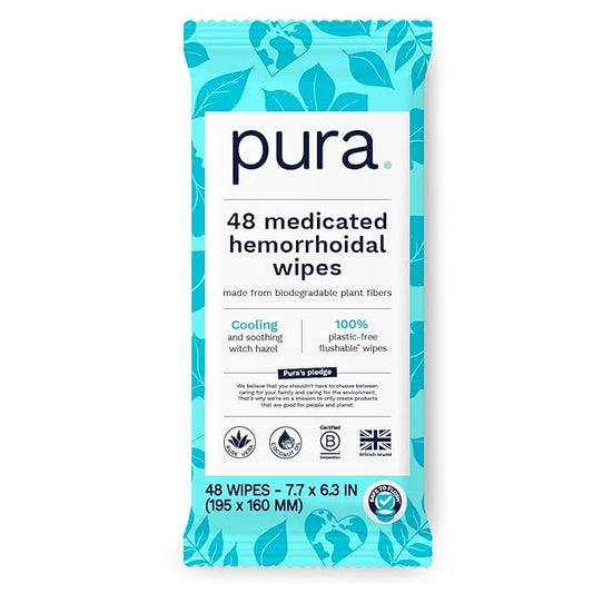 Pura Flushable Hemorrhoid Wipes XL, 48 Count, Medicated with Cooling Witch Hazel, Aloe & Coconut Oil, Fast Relief, Fragrance-Free, 100% Plastic-Free