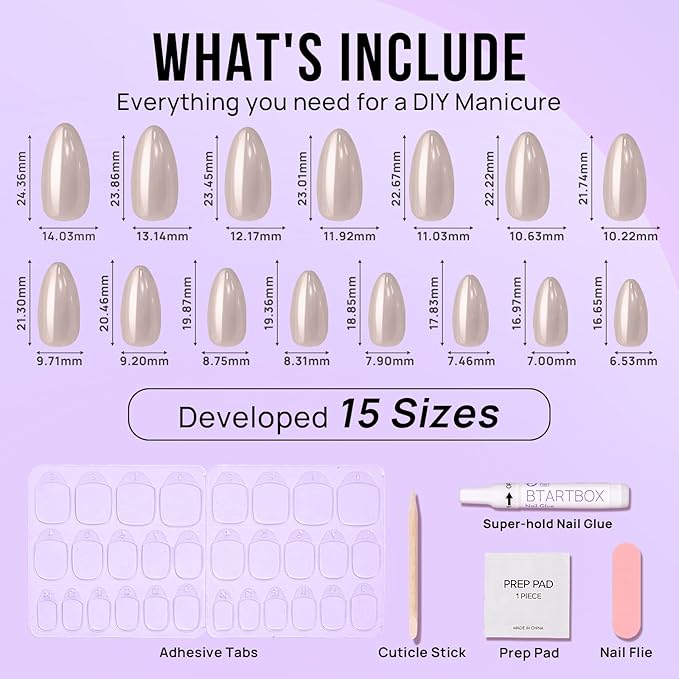 BTArtbox Press On Nails Almond - Medium Soft Gel Chrome Nails, Glue On Nails with Nail Glue, Reusable Stick On Nails in 15 Sizes - 30 Soft Gel Fake Nails Kit, Nuts Glazed