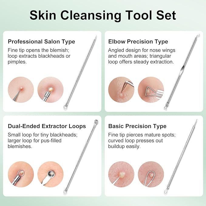 Blackhead Remover Tools Set with Pore Cleaner Spatula, Silicone Face Scrubber & 4 Pimple Extractor Tools, Black Head Remover for Face Skin Care