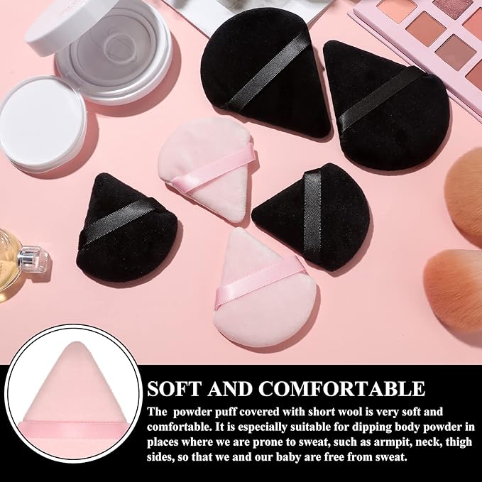 Maitys 12 Pcs Powder Puff Triangle for Face Makeup Cosmetic Loose Powder Puff Velour Soft Body Washable Reusable Foundation Sponge Wet Dry Makeup Tool for Women(Large, Small,Black, Pink)