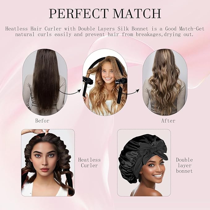 Hroevc No Heat Overnight Curls with Double Layer Satin Bonnet - Soft Hair Curlers to Sleep In, heatless Curling Rods Set + Silk Bonnet for Women & Girls Long Hair, Heatless Waves & Volume (Black)