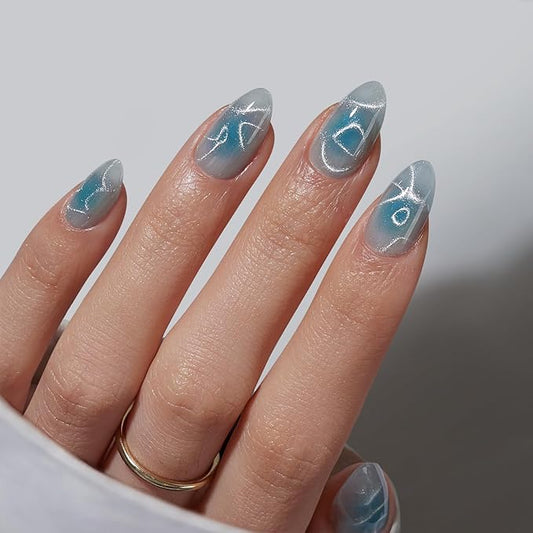 BTArtbox Press On Nails Short - Lamp-Curable Sparkly Blue Almond Press On Nails with Glue for Women, Semi-Transparent Soft Gel Glue On Nails in 16 Sizes - 32 Stick On Nails Kit, Blue Mirage