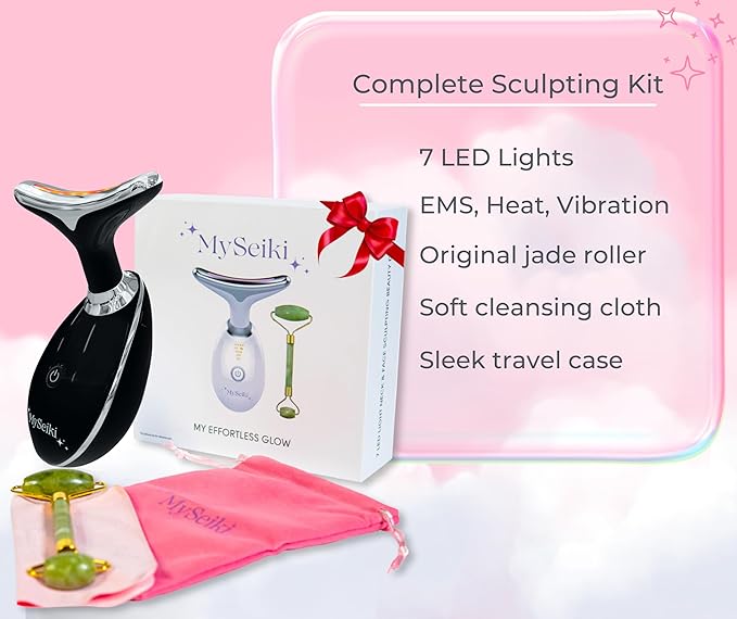 7 LED Light Beauty Tool – Face and Neck Massager with Jade Roller, Case, Black