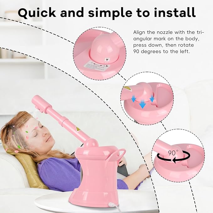 Facial Steamer Professional with Extendable Arm, 360°Rotating Nozzle Face Steamer for Facial Deep Cleaning, Portable Facial Steamer for Beauty, Spa and Home Use（Pink）