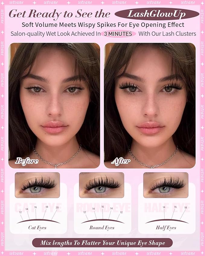 Wtavne Lash Clusters Kit Manga Eyelash Clusters Kit Wispy Lash Clusters with Spikes Volume Cluster Eyelash Extensions 12-20mm Individual Lashes Extensions Kit Anime False Eyelashes Kit Lash Bond Seal