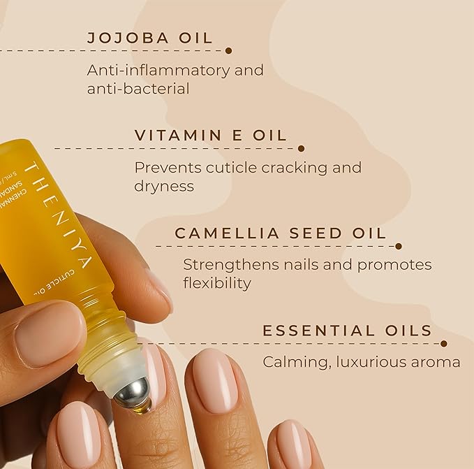 Theniya Cuticle Oil for Nail Strengthening and Growth – Hydrating, Vegan, Organic Formula with Jojoba & Vitamin E | 3 Signature Fragrances | 5mL Roll-On (0.17 Fl Oz, Sandalwood Fragrance)