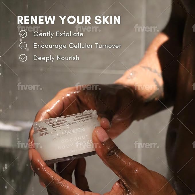 Manjeri Skincare Coconut Bliss Body Scrub, Luxurious Exfoliator for Smooth, Soft Skin, Dead Skin Cell Remover, Hydrating and Nourishing Formula