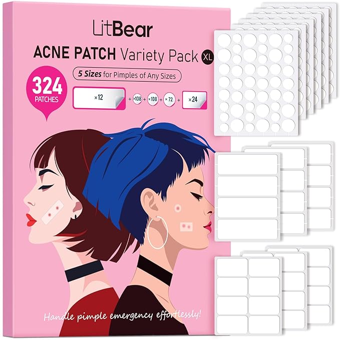 6、LitBear Large Pimple Patches, 5 Sizes 324 Patche Big Acne Patches, XL Hydrocolloid Bandages for Full Face, Forehead, Chin, Nose, Body, Back, Neck & Chest, Stirp, Square Large hydrocolloid Patch