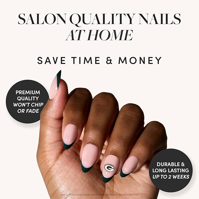Glamnetic x Fanatics Press On Nails - Green Bay Packers | Short Almond Fake Nails, NFL Packers Green French Tips, Football Nails, Salon-Quality | 15 Sizes - 30 Nail Kit with Glue