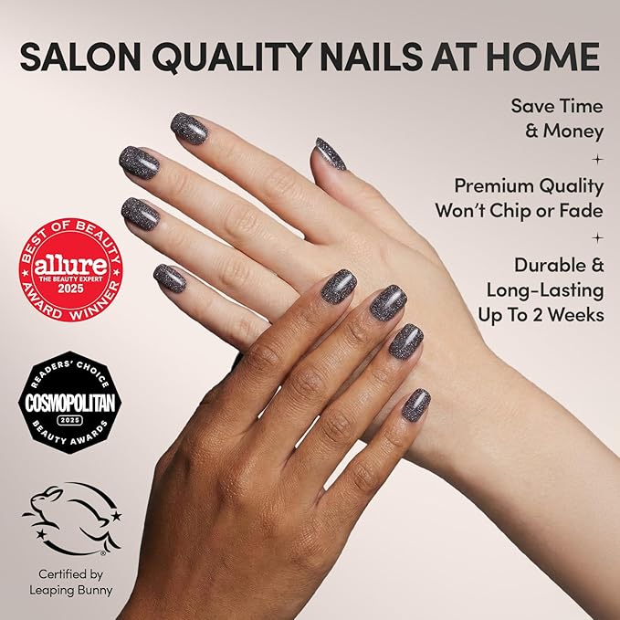Glamnetic Press On Nails - Cosmic | Semi-Transparent Sparkly Black Short Squoval Fake Nails with a Glossy Finish, Salon Quality | 15 Sizes - 30 Nail Kit with Glue