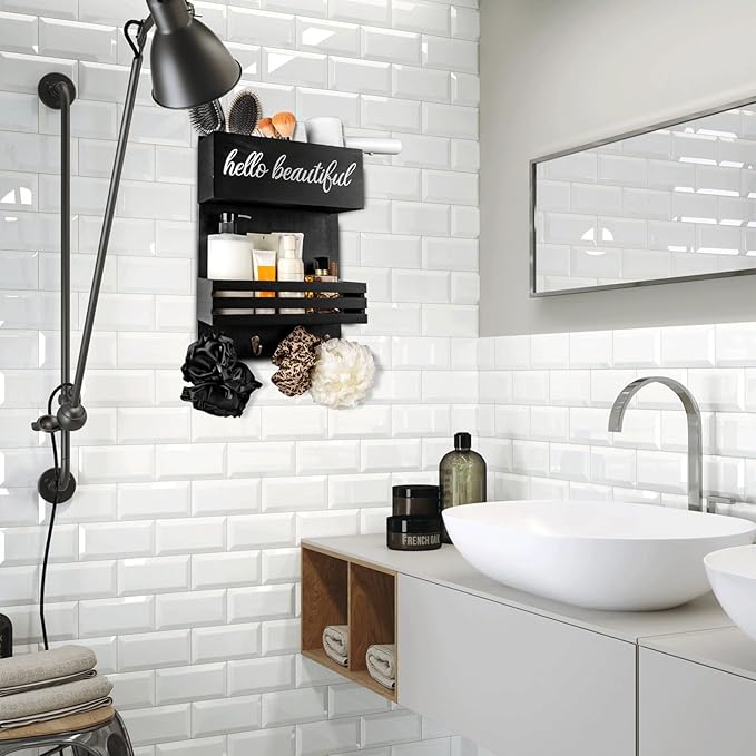 Wooden Hair Dryer Holder Wall-Mounted - 2 Tier Bathroom Storage Shelf Cosmetic & Hairdressing Tools Organizer for Bathroom Countertop/Vanity (Black)