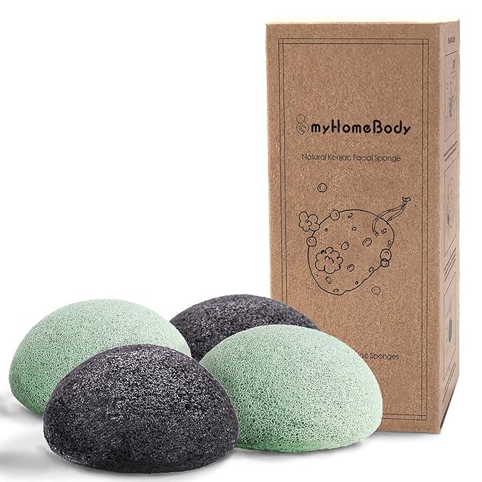 myHomeBody Natural Konjac Facial Sponges - for Gentle Face Cleansing and Exfoliation - with Activated Charcoal and Aloe Vera, Set of 4