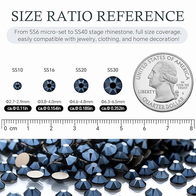 Meibite Shiny Black Flatback Rhinestones, Glass Rhinestones for Nail Art and Craft, Glue Fix, Loose Crystal Gemstones(Shiny Black, SS20, 1440pcs, 4.6-4.8mm)