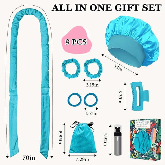 Gwabee Heatless Curls Overnight Hair Curler, 70" Soft Hair Curlers to Sleep In No Heat Curls Overnight, 9 PCS No Heat Curlers Set for Women - Blue