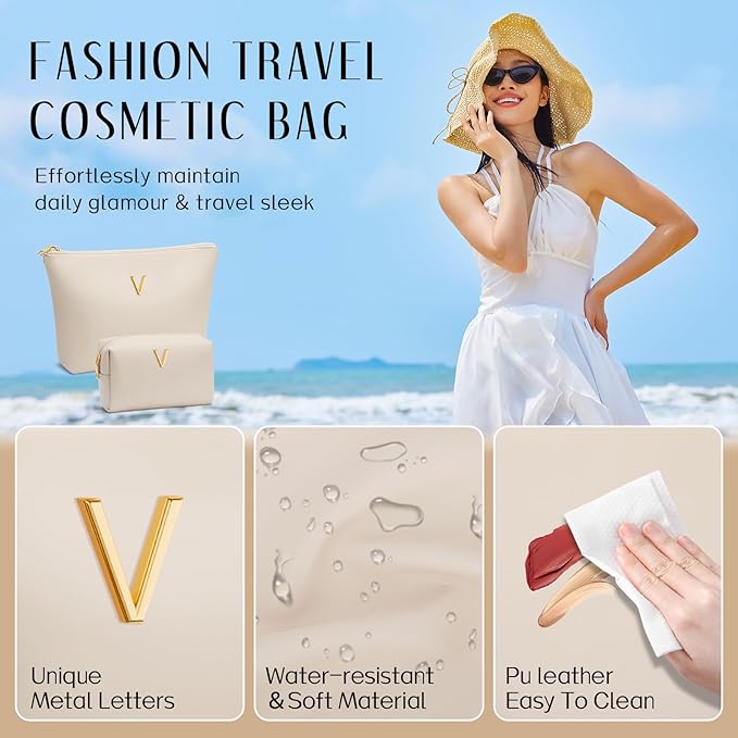 Women Gifts | Initial Makeup Bag Set for Girl Personalized Gifts for Bridesmaid Friend Graduation Teachers PU Leather Cosmetic Travel Toiletry Bag(Beige,V)
