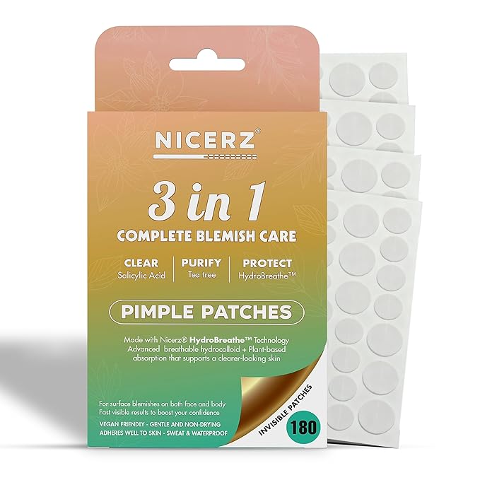 Nicerz® Pimple Patches – 3-in-1 Complete Blemish Care | HydroBreathe™ Breathable Hydrocolloid with Salicylic Acid & Tea Tree | Gentle, Sweat & Waterproof Acne Patch for Face & Body – 180 Count