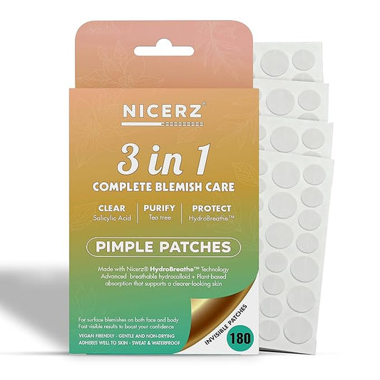 Nicerz® Pimple Patches – 3-in-1 Complete Blemish Care | HydroBreathe™ Breathable Hydrocolloid with Salicylic Acid & Tea Tree | Gentle, Sweat & Waterproof Acne Patch for Face & Body – 180 Count