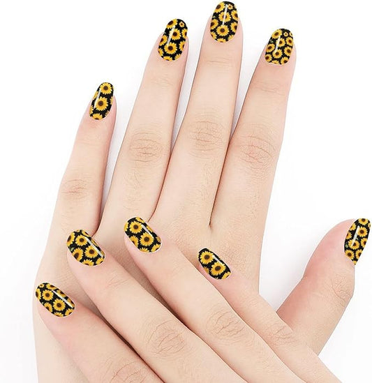 Floral Black Yellow Flowers Sunflower Nails Stickers - 5 PCS, Full Wrap Nail Stickers Wraps Decals Nails Design Manicure Tips Decor for Women