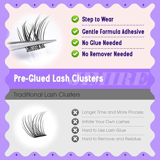 JIMIRE Self Adhesive Eyelashes Manga Lash Clusters Natural Look 11-13MM Wispy Pre Glued Lashes Clusters No Glue Needed Press on Lashes Reusable Invisible Band Fluffy Cluster Eyelash Extensions