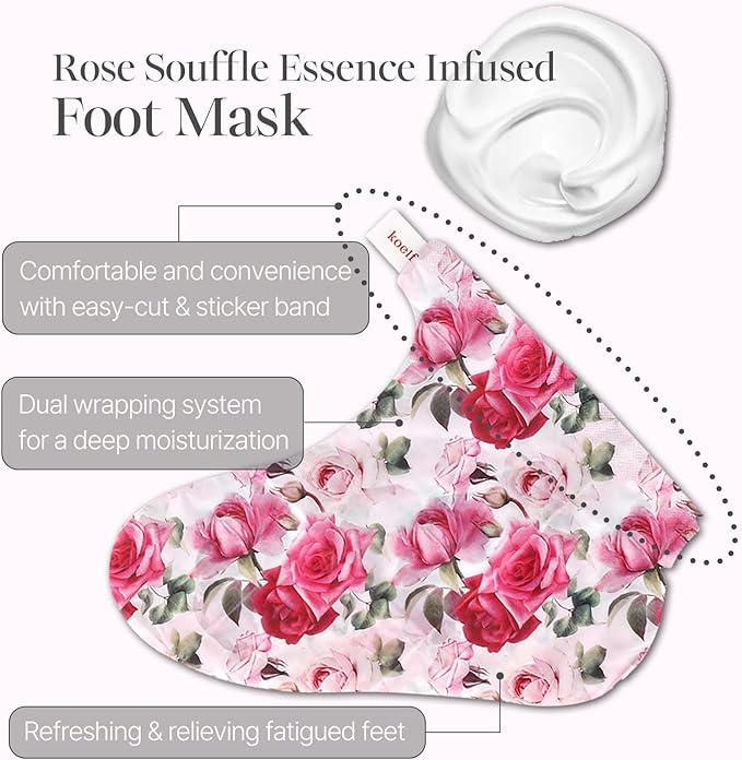 PETITFEE Rose Petal Satin Foot Mask (5pairs) - Intensive Nourishing Socks, Rose Scented Foot Repair Masks with Peptide, Collagen, Shea Butter, Urea for Silky Smooth Feet, Foot Treatment, Body Mask